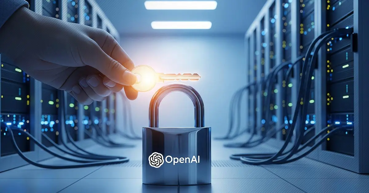 A person securing an OpenAI padlock, symbolizing the importance of AI data security after the leak of private ChatGPT conversations.