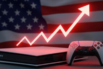A Sony PlayStation 5 console with the US flag in the background and a red price arrow pointing up, symbolizing the PS5 price increase hits US.