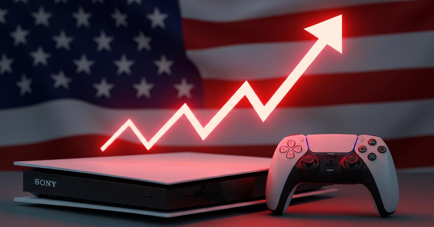 A Sony PlayStation 5 console with the US flag in the background and a red price arrow pointing up, symbolizing the PS5 price increase hits US.