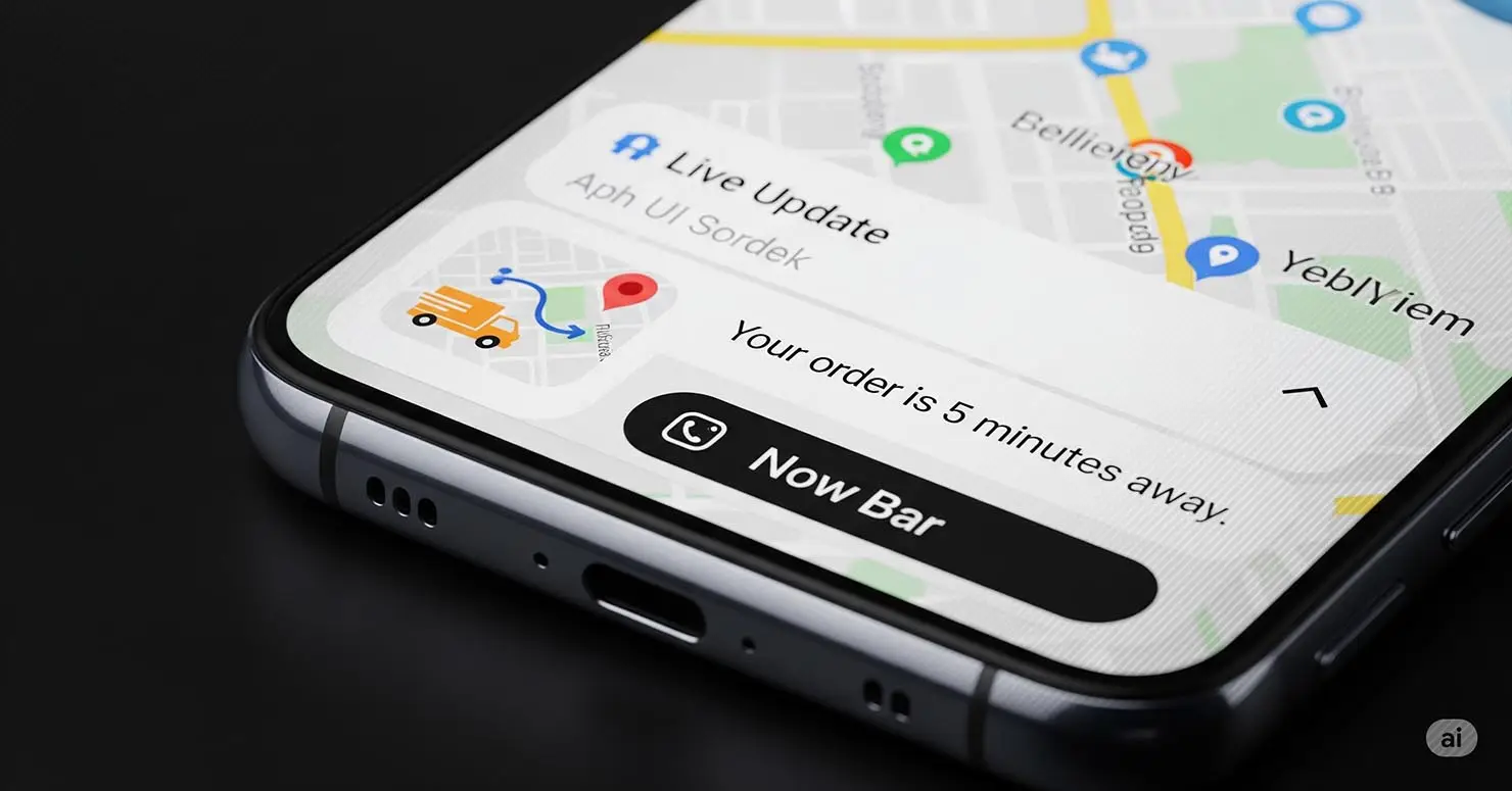 A close-up of the One UI 8 "Now Bar" on a Galaxy S24 screen, showing a live update for a food delivery.