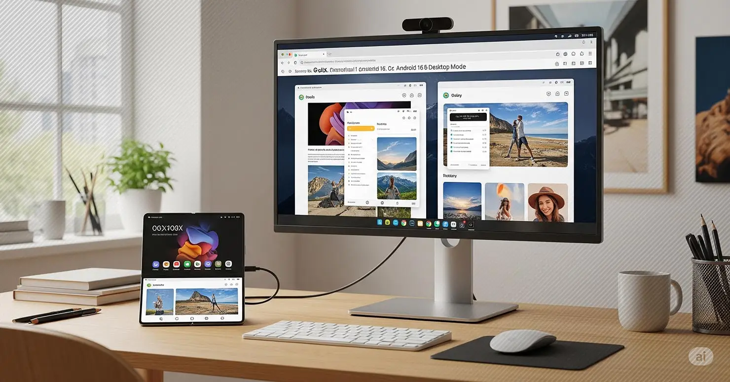 A Samsung Galaxy Z Fold 6 connected to an external monitor, running Samsung DeX in the new Android 16 Desktop Mode.