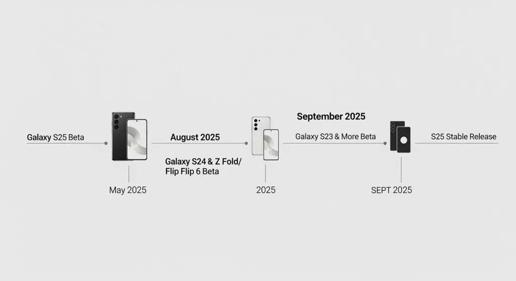 A timeline graphic illustrating the phased rollout schedule of the Samsung One UI 8 update, from beta to stable release.