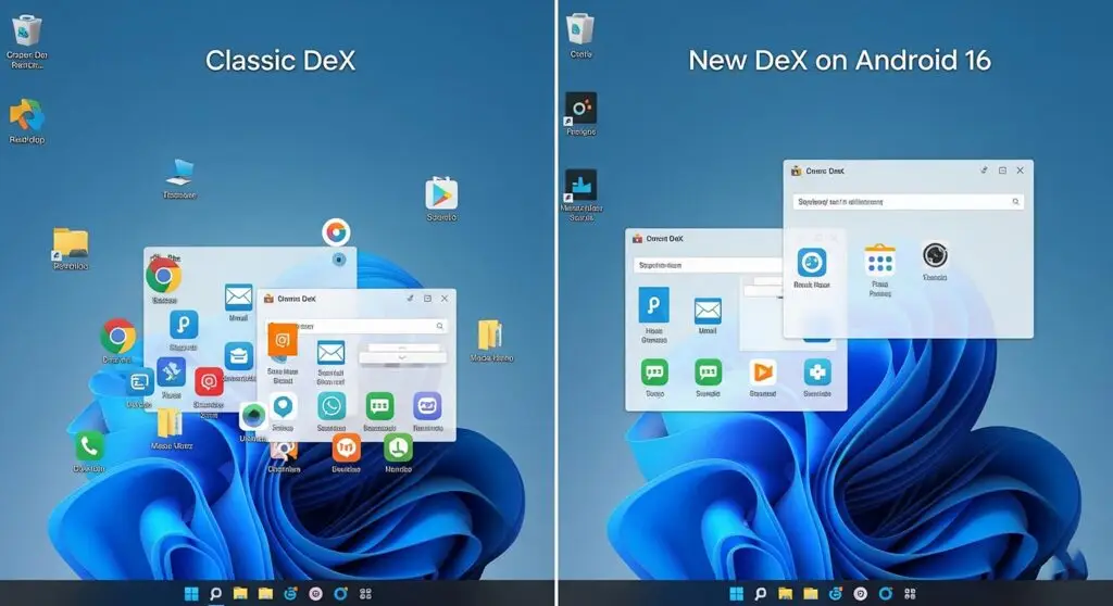 A split-screen image showing the old Samsung DeX interface on one side and the new, cleaner Android 16-based DeX on the other, Samsung One UI 8 release date