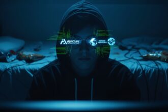 A hooded figure in a dark room with code reflected in their glasses, representing the teen Scattered Spider hacker sentenced for cybercrimes.