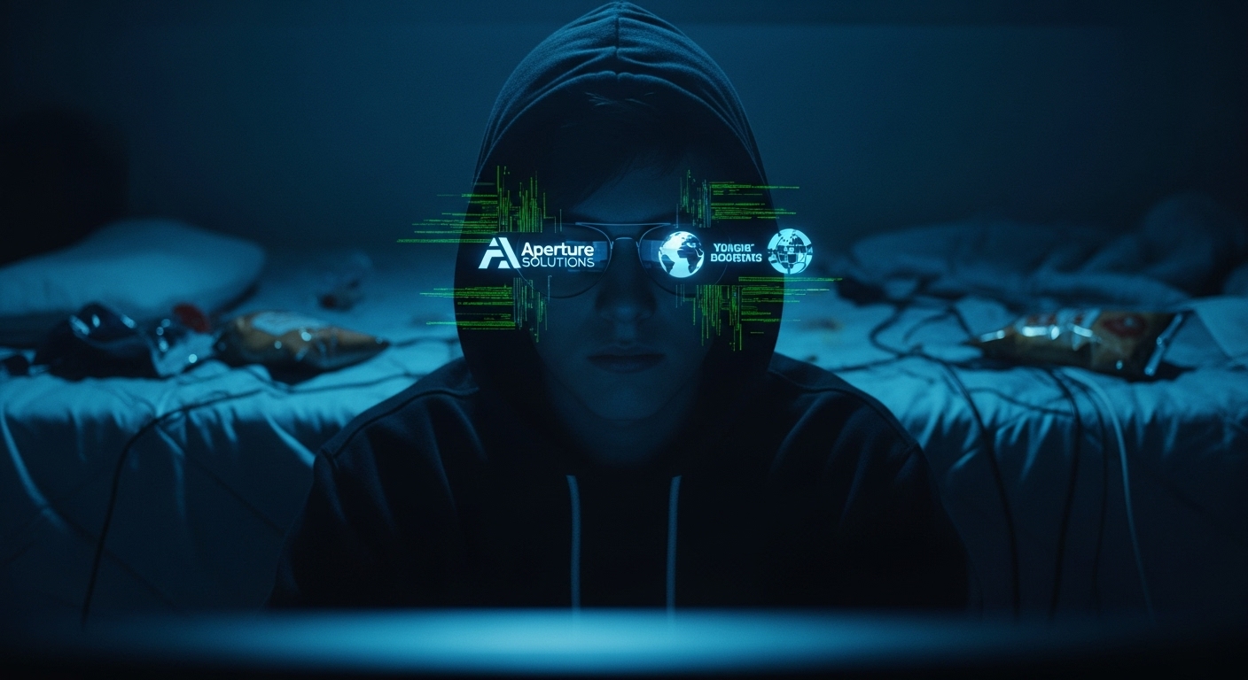 A hooded figure in a dark room with code reflected in their glasses, representing the teen Scattered Spider hacker sentenced for cybercrimes.