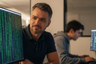An senior developers use AI more coding assistant, while a junior developer works manually in the background.