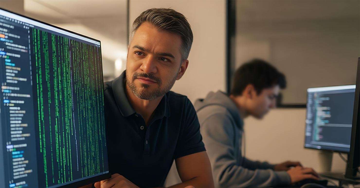 An senior developers use AI more coding assistant, while a junior developer works manually in the background.