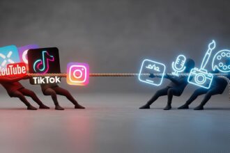 A tug-of-war rope with social media logos on one side and creative tools/icons on the other, symbolizing the tension between social media platform control creator rights