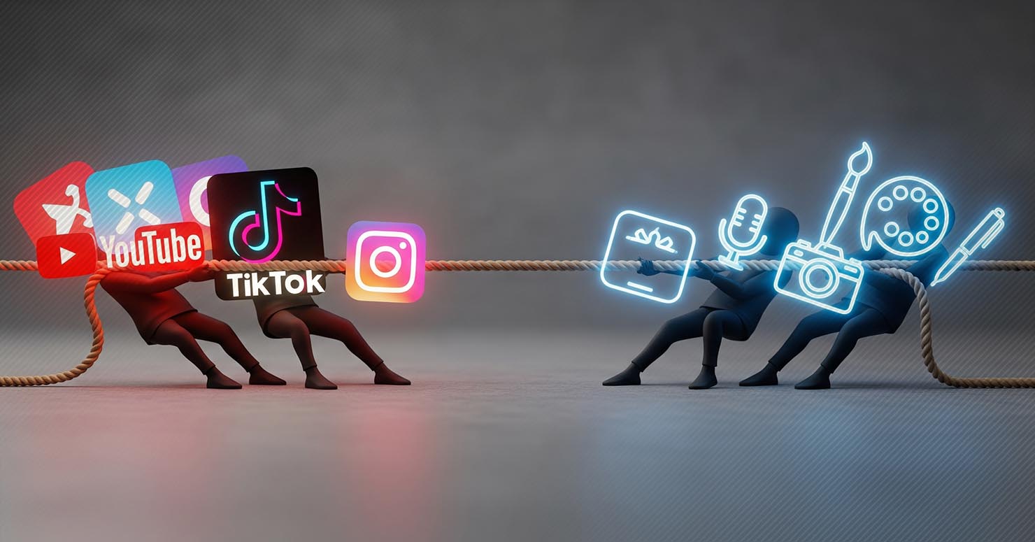 A tug-of-war rope with social media logos on one side and creative tools/icons on the other, symbolizing the tension between social media platform control creator rights
