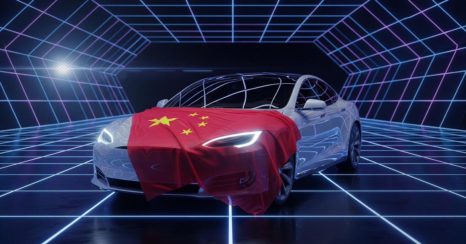 The New Model of Tesla car partially covered by a Chinese flag, symbolizing the new Tesla China AI partnership.