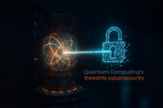 An abstract visualization of what is quantum computing's threat to cybersecurity, showing a glowing quantum core shattering a digital lock.