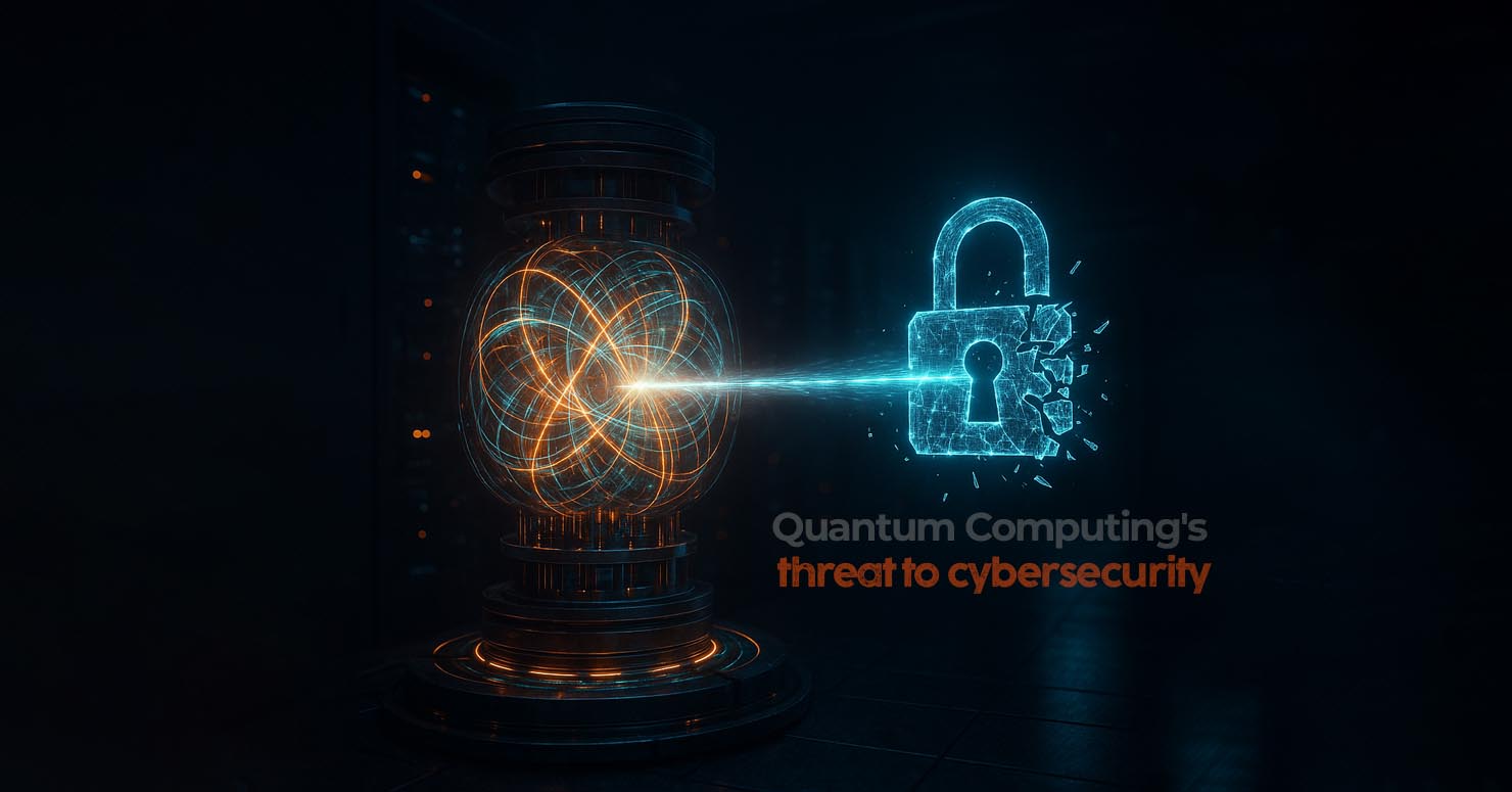An abstract visualization of what is quantum computing's threat to cybersecurity, showing a glowing quantum core shattering a digital lock.