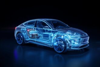 A conceptual image showing an electric car's chassis glowing with digital data streams, representing why EVs have more chips than gas cars.