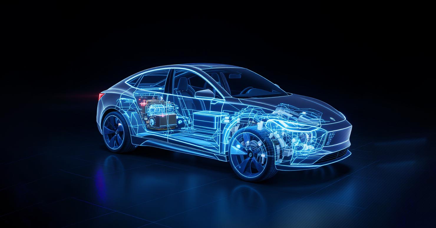 A conceptual image showing an electric car's chassis glowing with digital data streams, representing why EVs have more chips than gas cars.