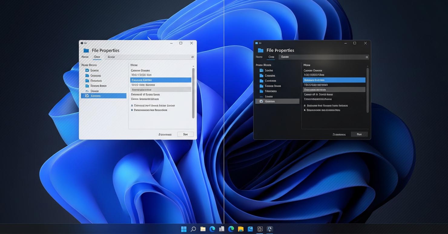 A side-by-side comparison showing the inconsistent old Windows 11 dark mode versus the new, fully dark interface, representing the Windows 11 dark mode fix.