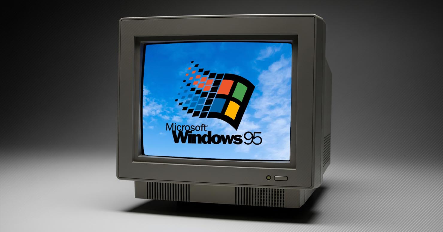 The iconic Windows 95 logo with the famous "Start" button, celebrating the Windows 95 30th anniversary.