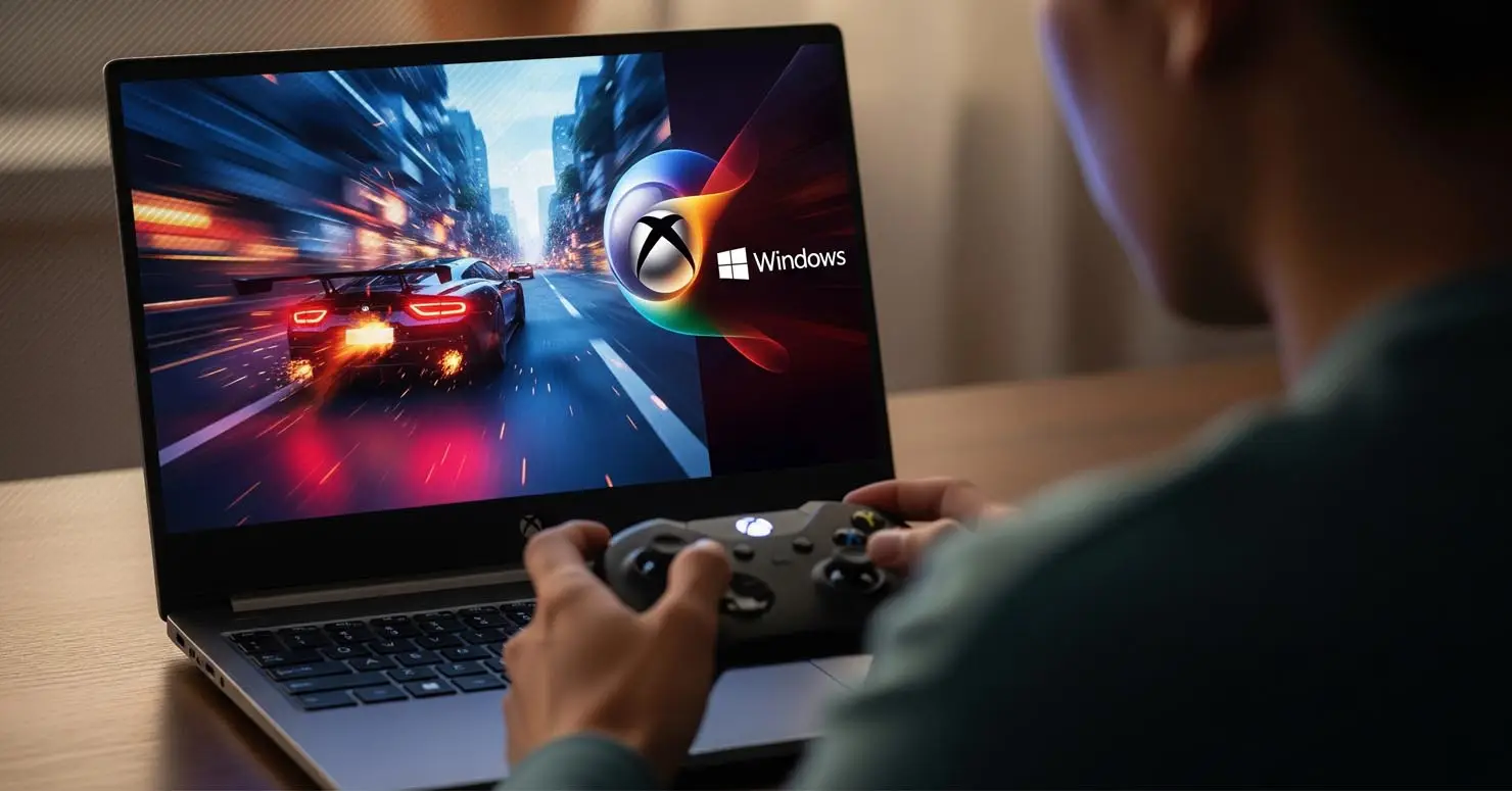 A person playing Xbox games on a Windows ARM laptop, with the Xbox and Windows logos combined