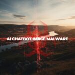A seemingly normal image with hidden, malicious code glowing within it, representing AI chatbot image malware.