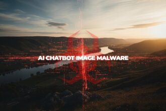 A seemingly normal image with hidden, malicious code glowing within it, representing AI chatbot image malware.