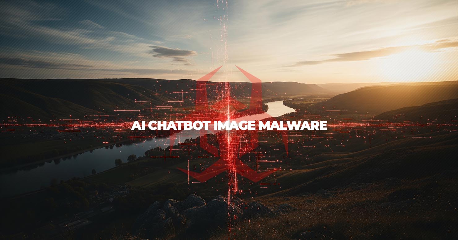 A seemingly normal image with hidden, malicious code glowing within it, representing AI chatbot image malware.
