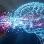 A book being fed into a glowing AI brain, symbolizing the Anthropic copyright settlement over training data.