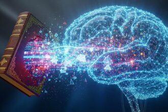 A book being fed into a glowing AI brain, symbolizing the Anthropic copyright settlement over training data.