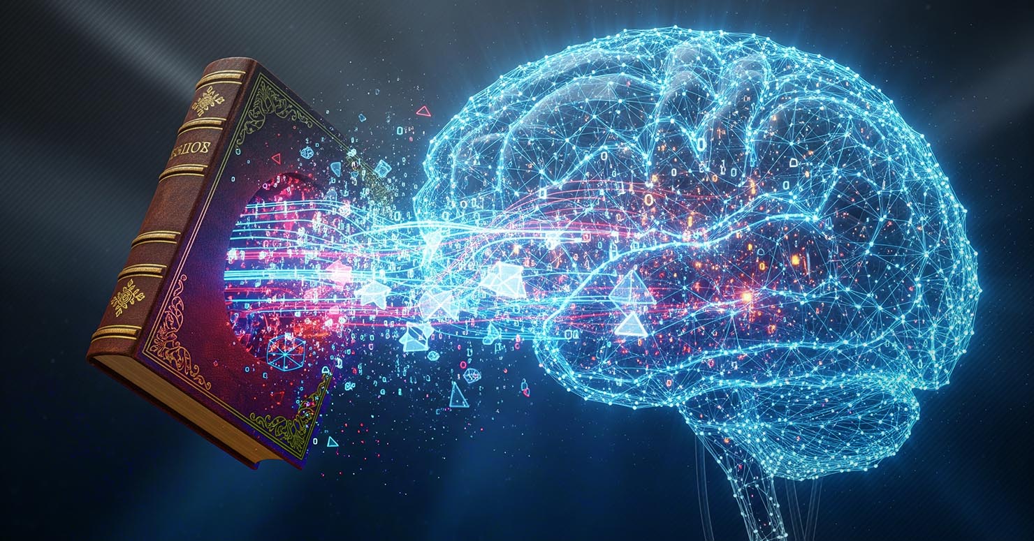 A book being fed into a glowing AI brain, symbolizing the Anthropic copyright settlement over training data.