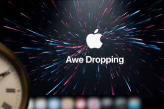 The Apple "Awe Dropping" event logo with a clock ticking, symbolizing the last-minute Apple September event 2025 rumors and news.