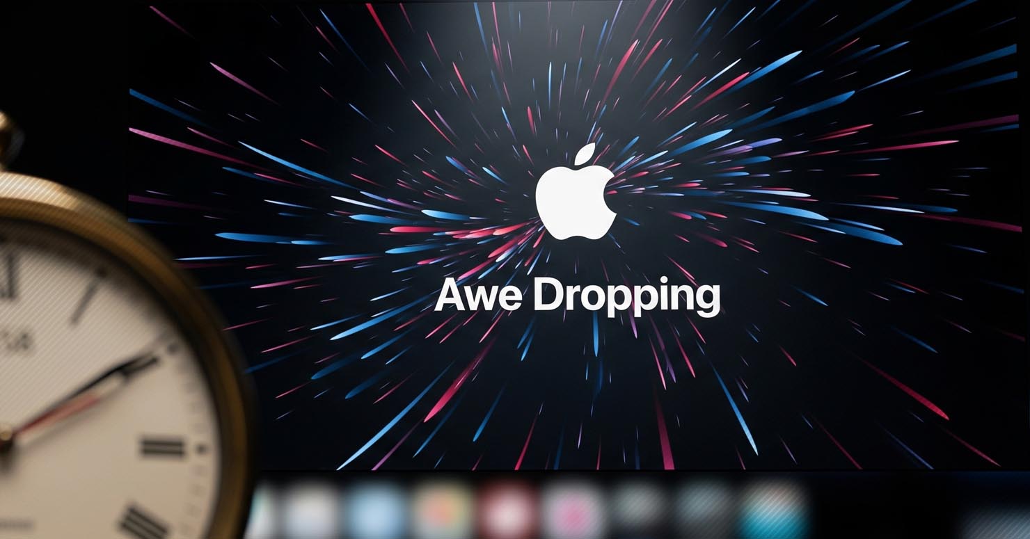 The Apple "Awe Dropping" event logo with a clock ticking, symbolizing the last-minute Apple September event 2025 rumors and news.