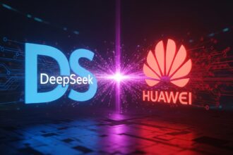 The DeepSeek logo and the Huawei logo joining together, symbolizing DeepSeek partners with Huawei with their new AI chip.