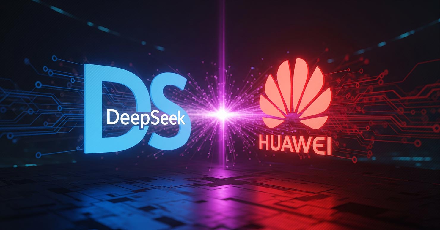 The DeepSeek logo and the Huawei logo joining together, symbolizing DeepSeek partners with Huawei with their new AI chip.