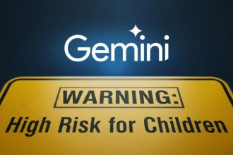 The Google Gemini logo behind a child safety warning sign, representing the report that found Google Gemini high risk for kids.