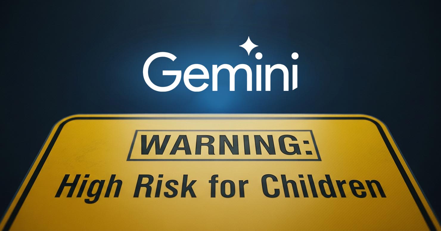 The Google Gemini logo behind a child safety warning sign, representing the report that found Google Gemini high risk for kids.
