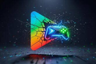 The Google Play Store logo transforming into a more serious, gamer-focused icon, symbolizing the Google Play Store gaming revamp.