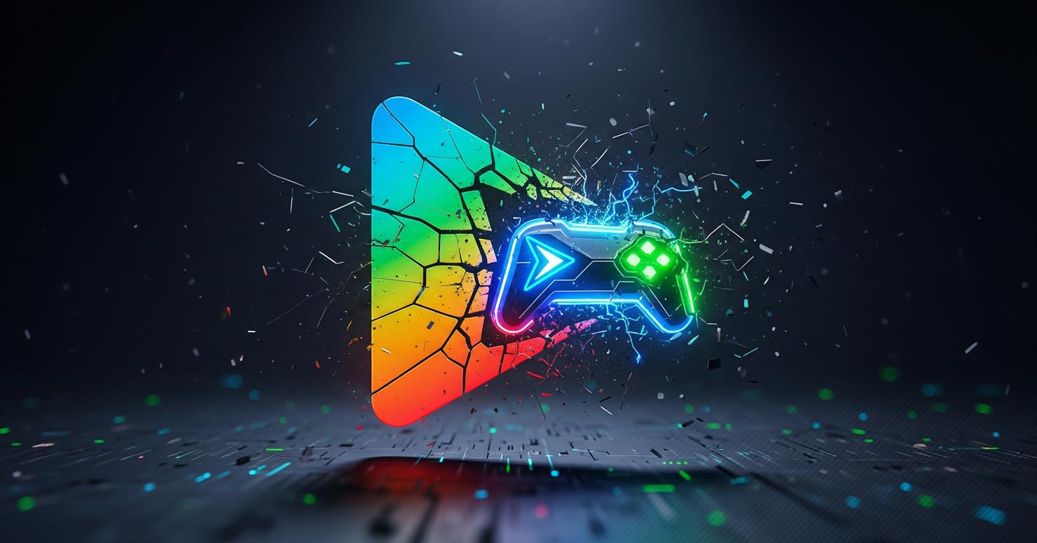 The Google Play Store logo transforming into a more serious, gamer-focused icon, symbolizing the Google Play Store gaming revamp.