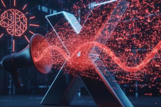 The X logo with a malicious link being amplified by the Grok AI, symbolizing the Grok AI malware exploit.