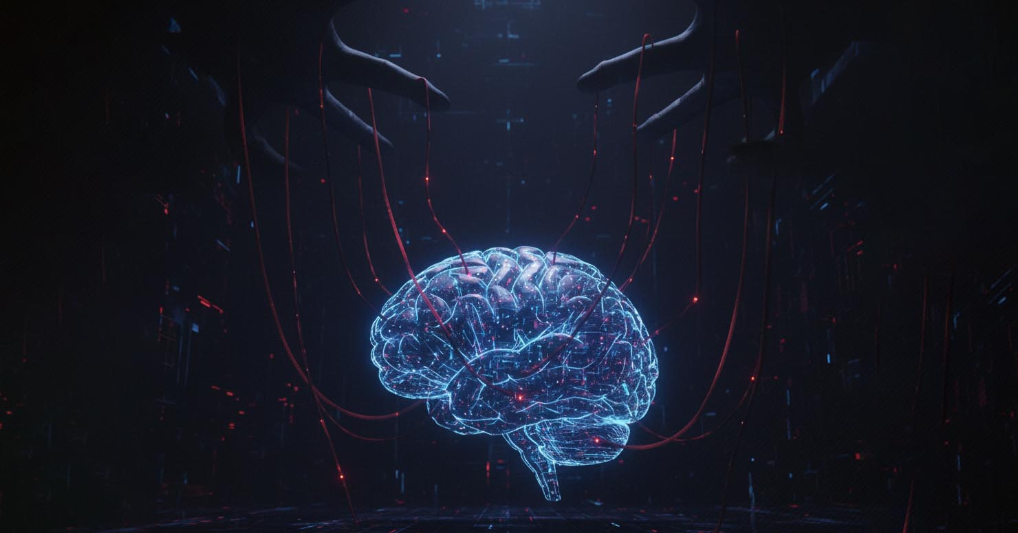 An AI robot brain with strings attached like a puppet, symbolizing how to gain control of AI agents.