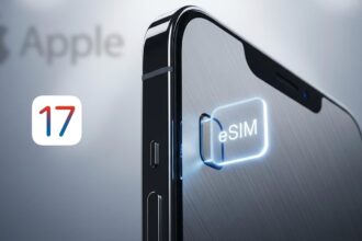 An iPhone 17 with a glowing eSIM icon, signifying the move to make the iPhone 17 eSIM only.