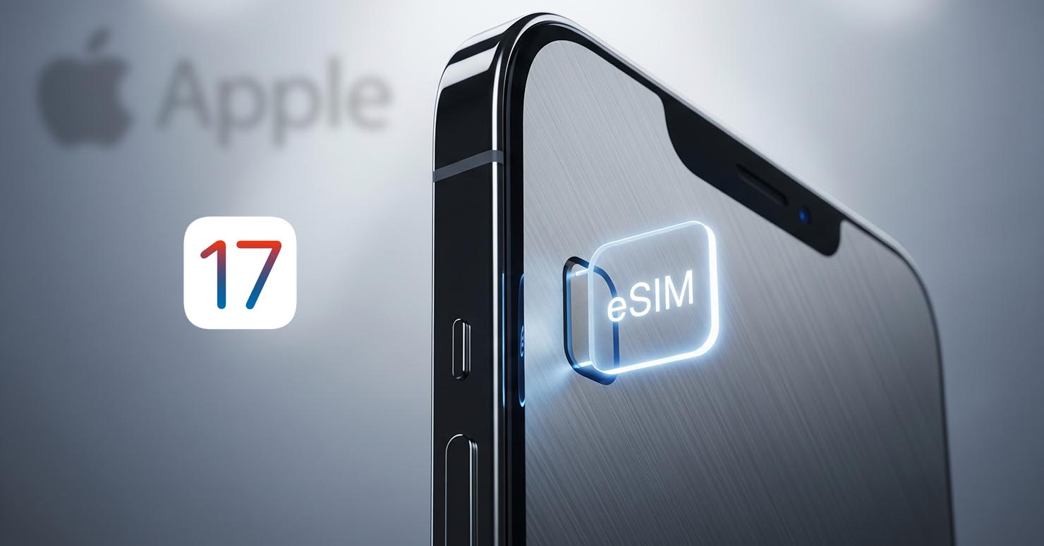 An iPhone 17 with a glowing eSIM icon, signifying the move to make the iPhone 17 eSIM only.