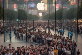 A massive crowd of people in China outside an Apple store for the iPhone 17 pre-orders in China.