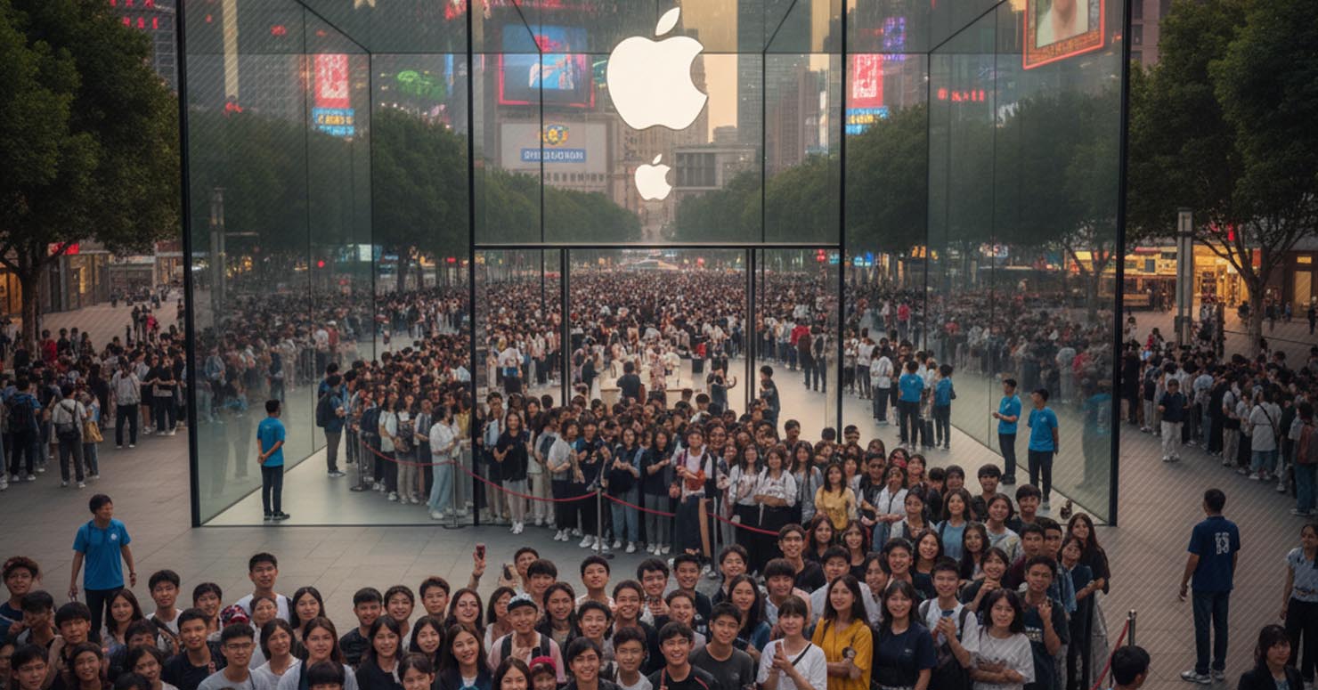 A massive crowd of people in China outside an Apple store for the iPhone 17 pre-orders in China.