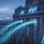 A government building with data streams leaking out to corporate logos, symbolizing the issue ISOC is measuring with government DNS traffic.
