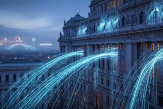 A government building with data streams leaking out to corporate logos, symbolizing the issue ISOC is measuring with government DNS traffic.