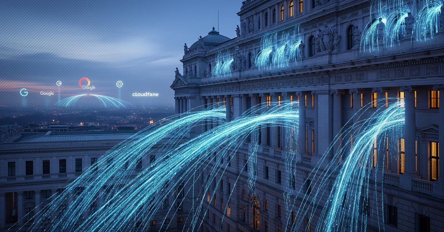 A government building with data streams leaking out to corporate logos, symbolizing the issue ISOC is measuring with government DNS traffic.