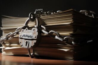A lock and chain over a research paper with the Meta logo, symbolizing the claim that Meta suppressed children's safety research.