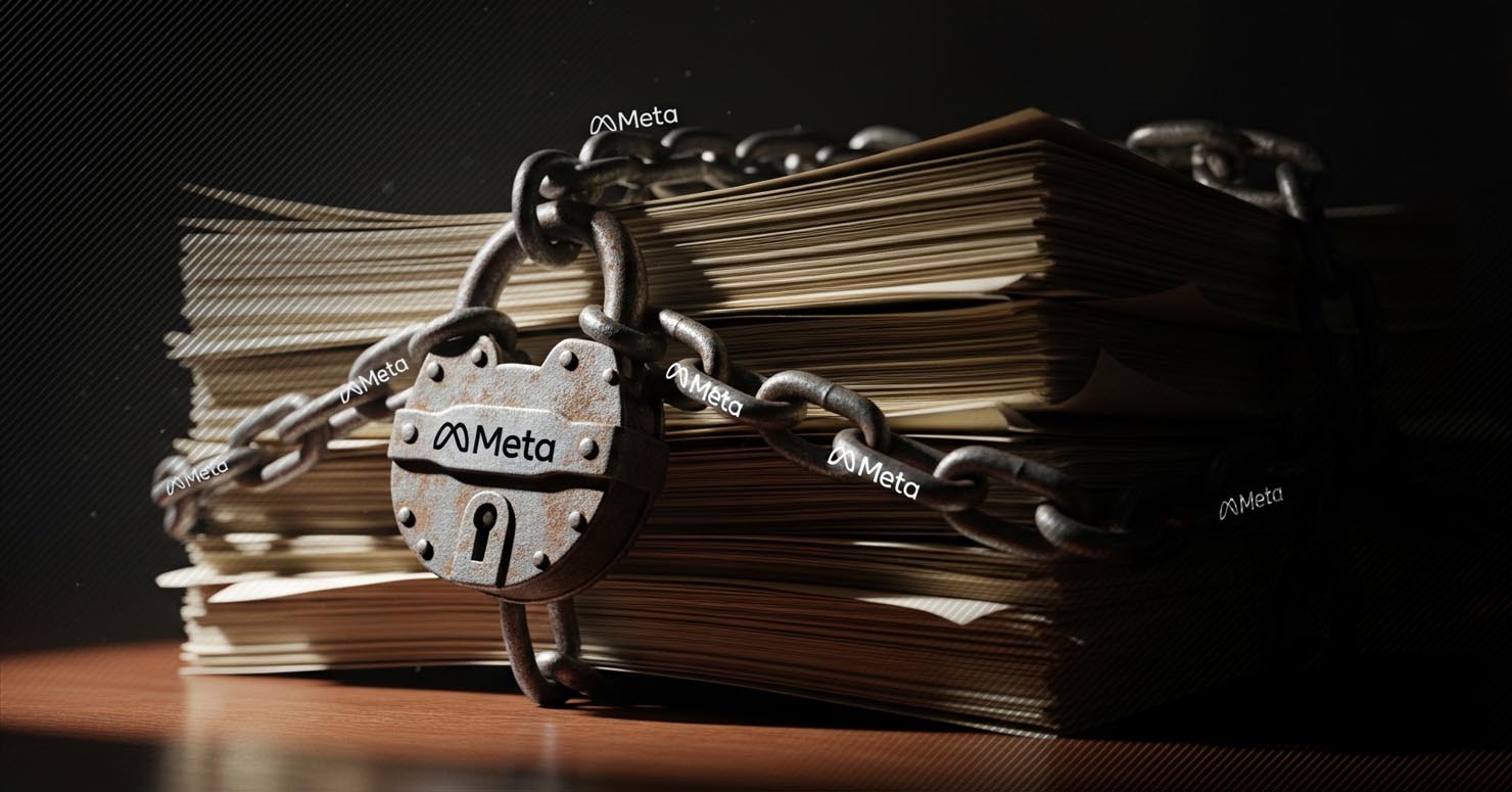 A lock and chain over a research paper with the Meta logo, symbolizing the claim that Meta suppressed children's safety research.
