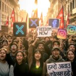 Protesters in Nepal holding signs with social media logos, symbolizing the protests against the Nepal social media ban.