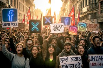 Protesters in Nepal holding signs with social media logos, symbolizing the protests against the Nepal social media ban.