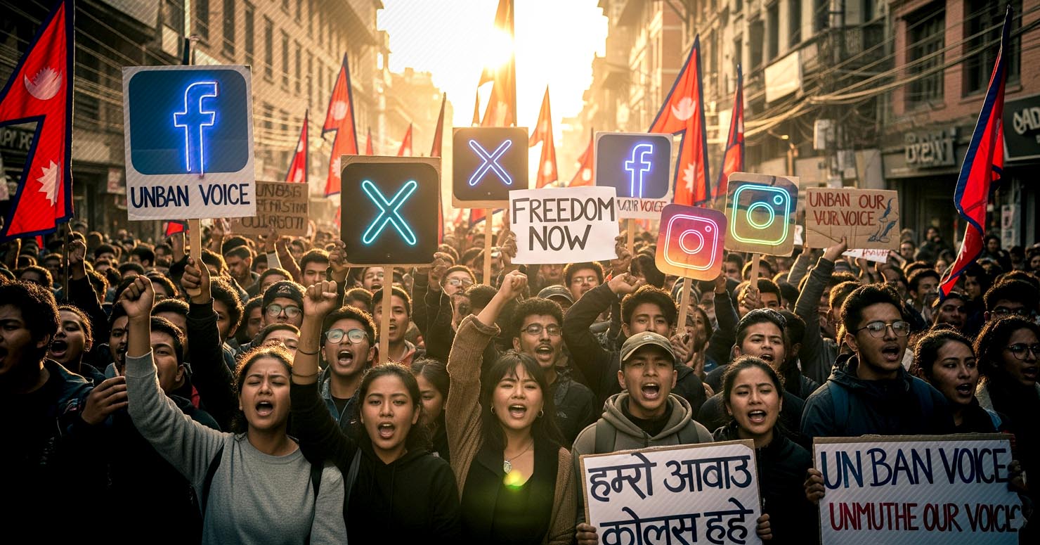 Protesters in Nepal holding signs with social media logos, symbolizing the protests against the Nepal social media ban.
