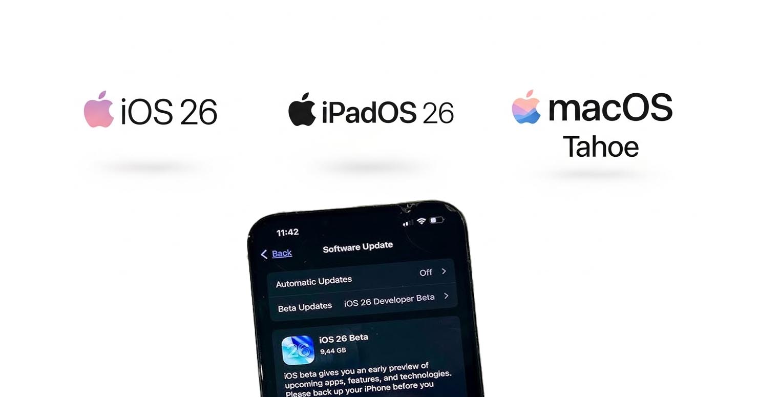 The official logos for iOS 26, iPadOS 26, and macOS Tahoe, representing the new features in iOS 26 and others each.